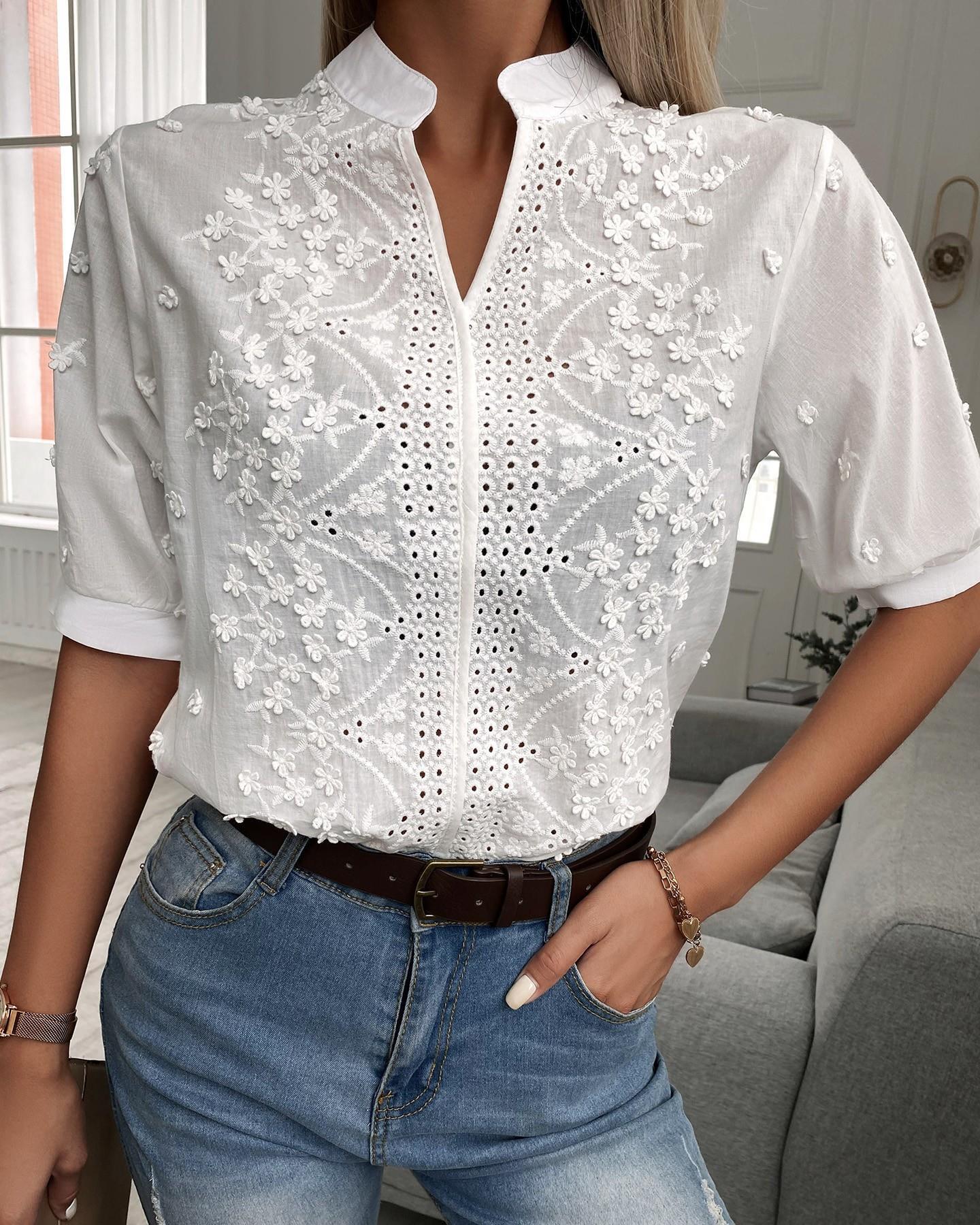 Cedelia – Embroidered Blouse with Button Placket