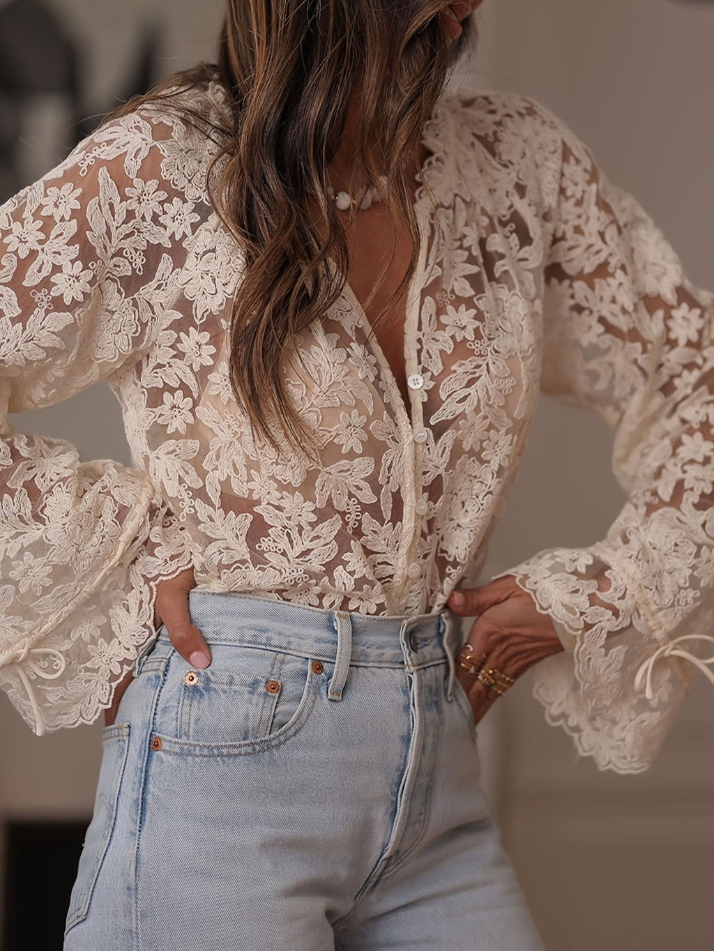 Celia – Transparent Crochet Lace Blouse with Floral Pattern