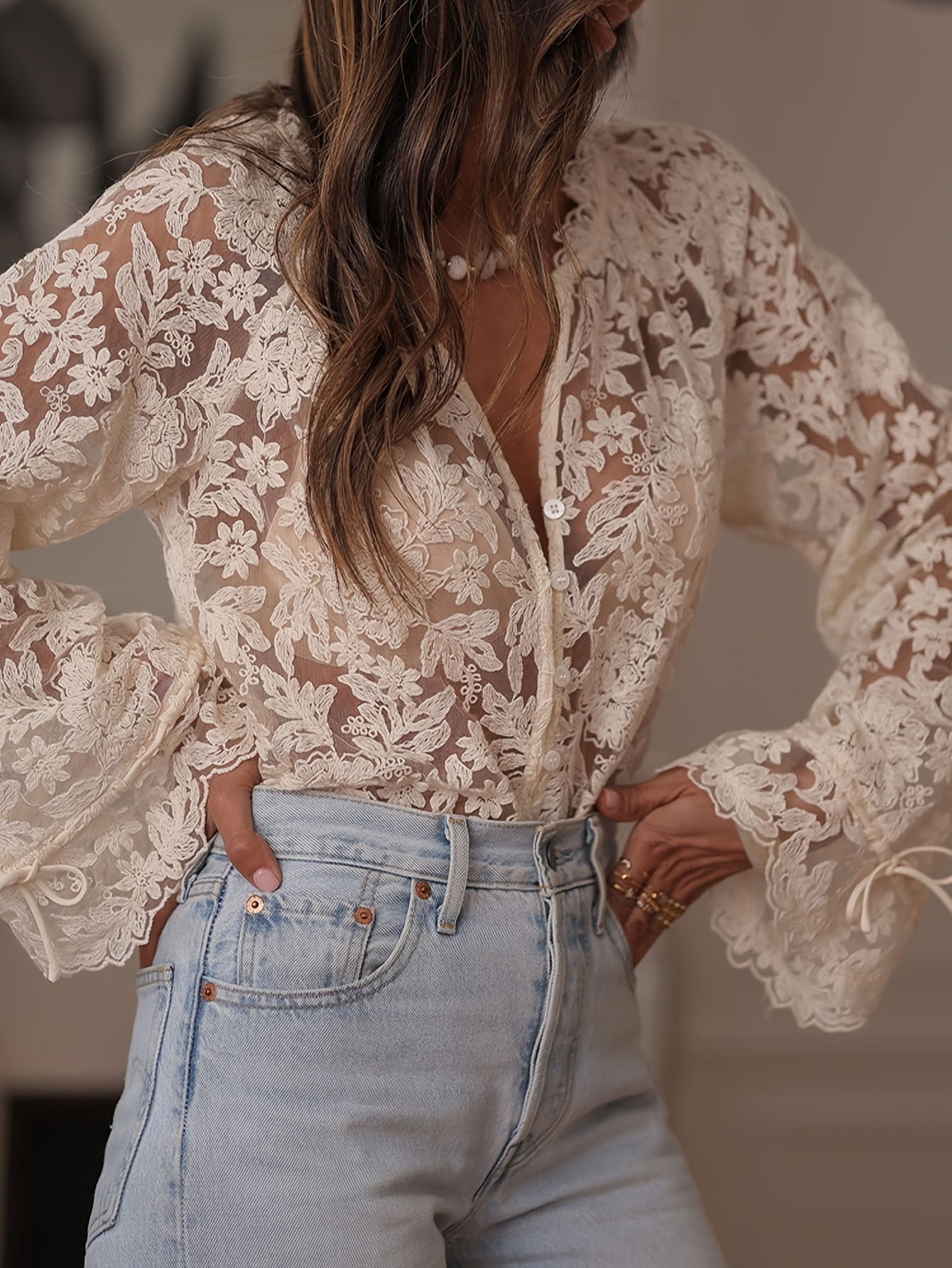 Celia – Transparent Crochet Lace Blouse with Floral Pattern